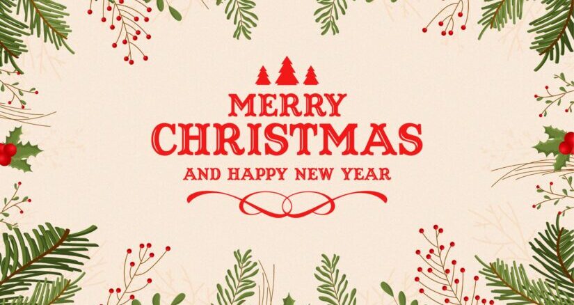 Greeting card with "Merry Christmas and Happy New Year Wishes" text and festive design.