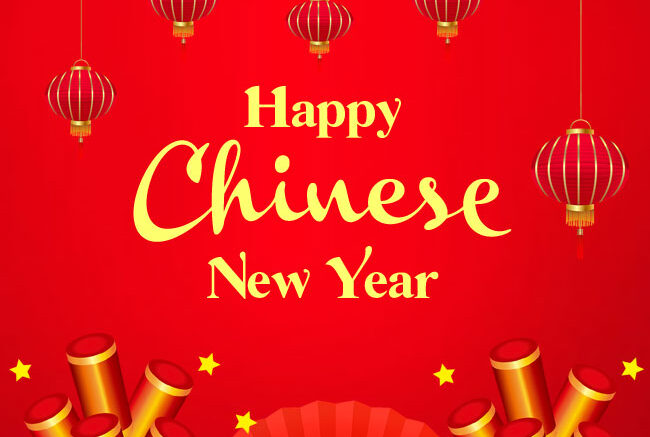 Chinese New Year greeting with red background and lanterns. Celebrate the festival with joy and prosperity.