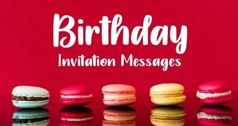 Vibrant macarons featuring birthday invitation messages and wording ideas.